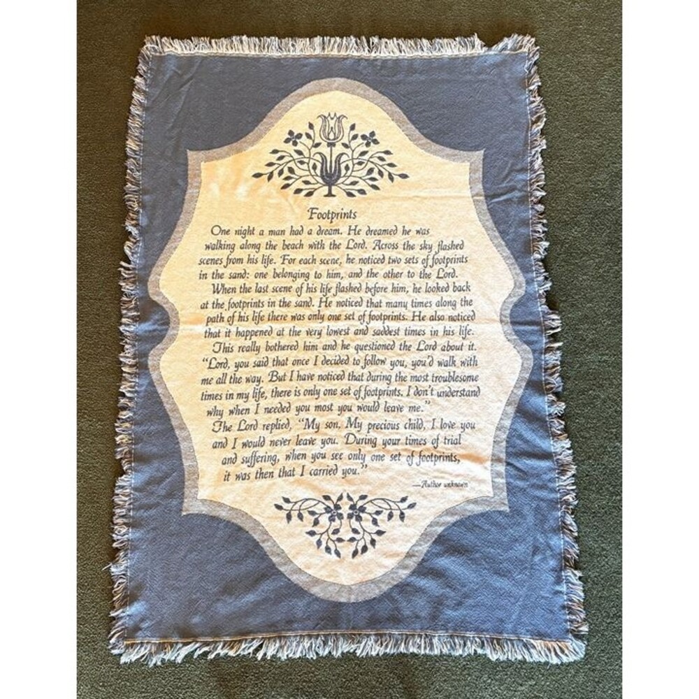 Footprints Religious Quote Tapestry Throw Blanket - 67" x 45" Blue & Ivory